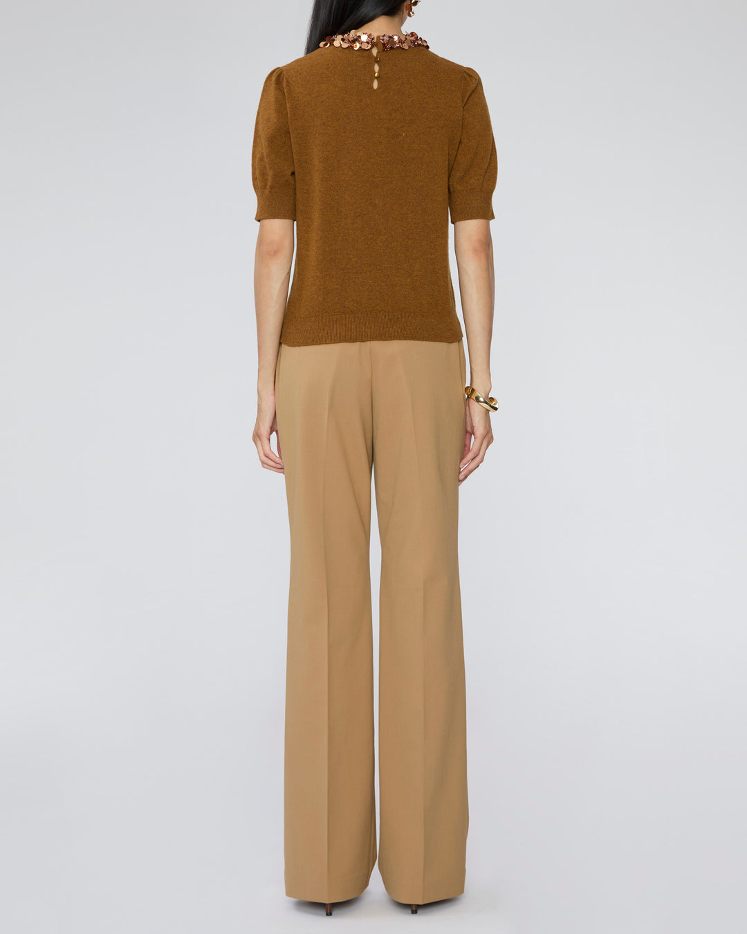 ULLA JOHNSON Liv Embroidered Cashmere Short Sleeve Knit in Umber
