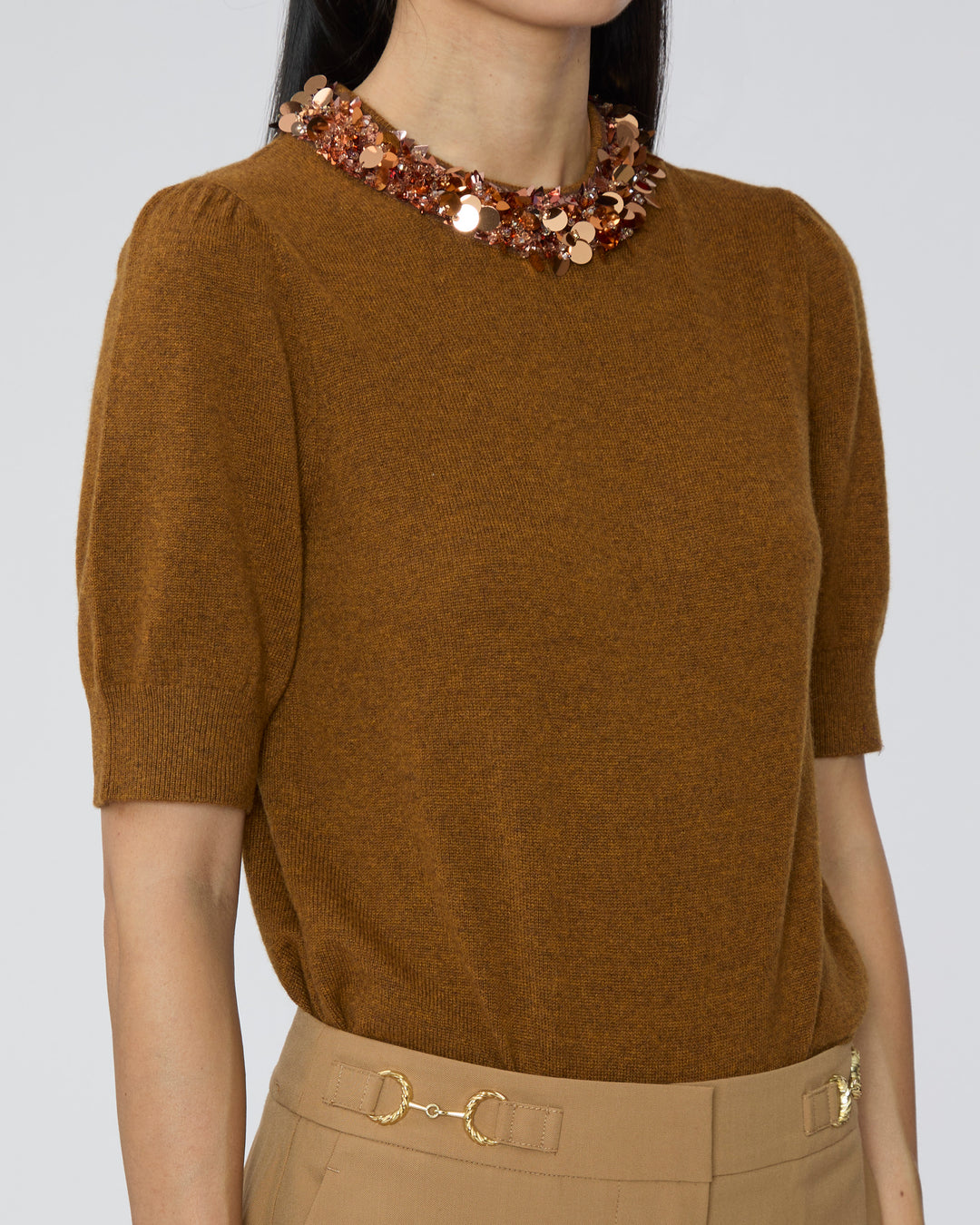 ULLA JOHNSON Liv Embroidered Cashmere Short Sleeve Knit in Umber
