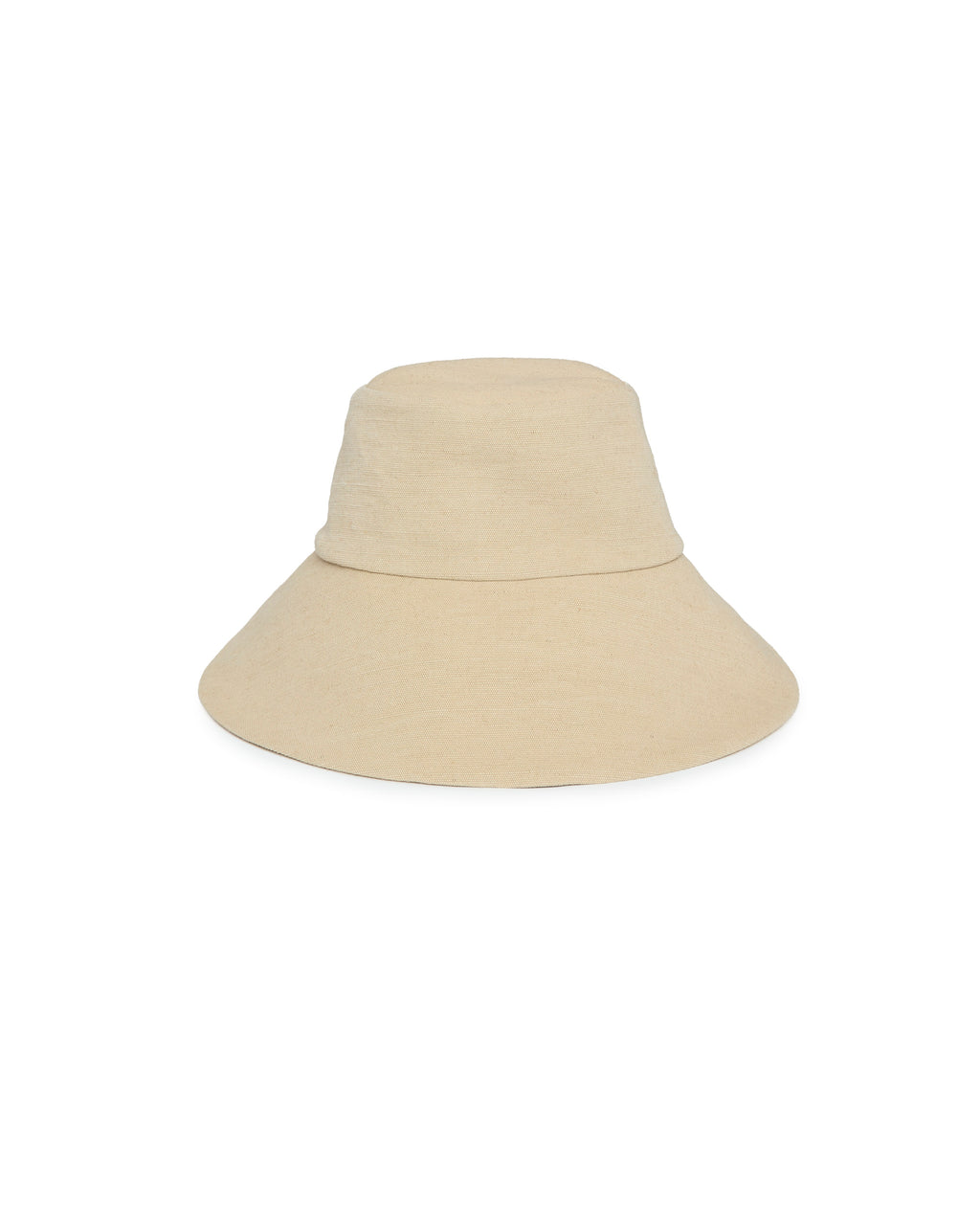 A light beige bucket hat with a wide brim, shown from a front-facing perspective on a solid white background.