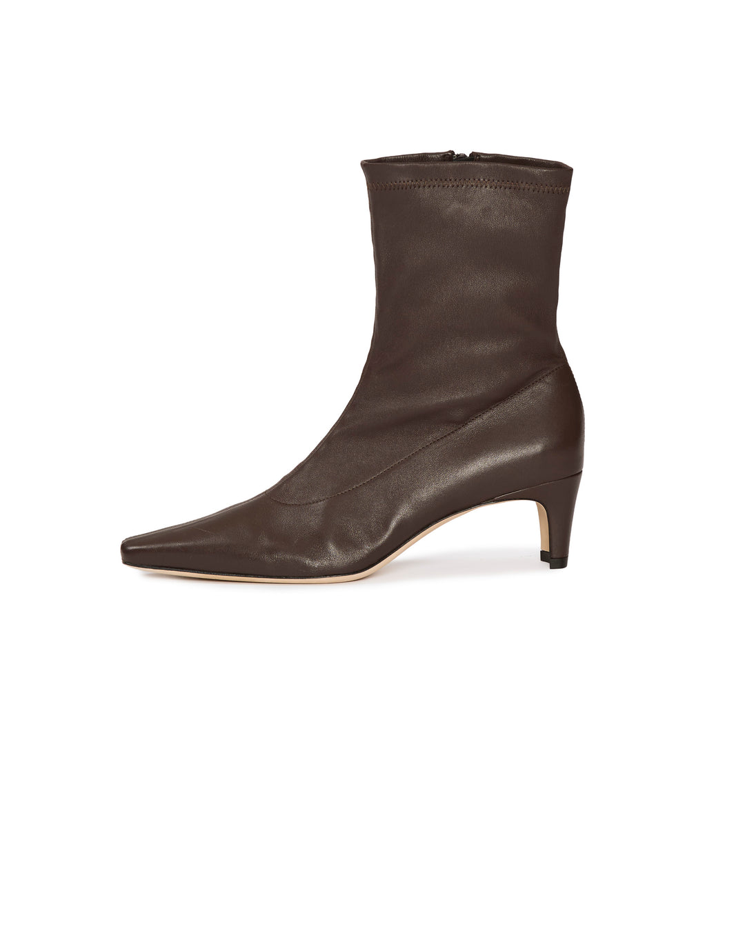 A dark brown leather ankle boot with a pointed toe and a low kitten heel, shown in profile against a plain white background.