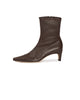 A dark brown leather ankle boot with a pointed toe and a low kitten heel, shown in profile against a plain white background.