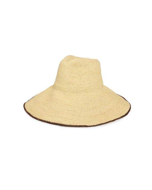 A natural straw fedora hat with a wide brim and a thin dark brown edge trim, shown against a plain white background.