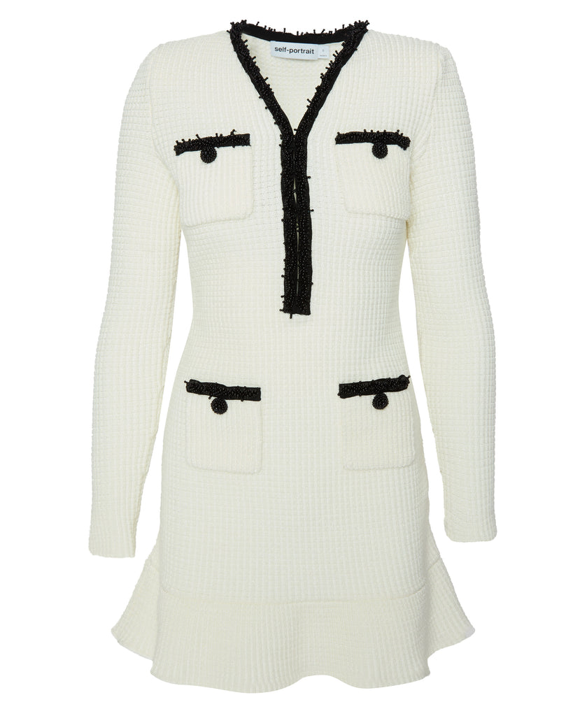 White Pearl Trim Knit Mini Dress
