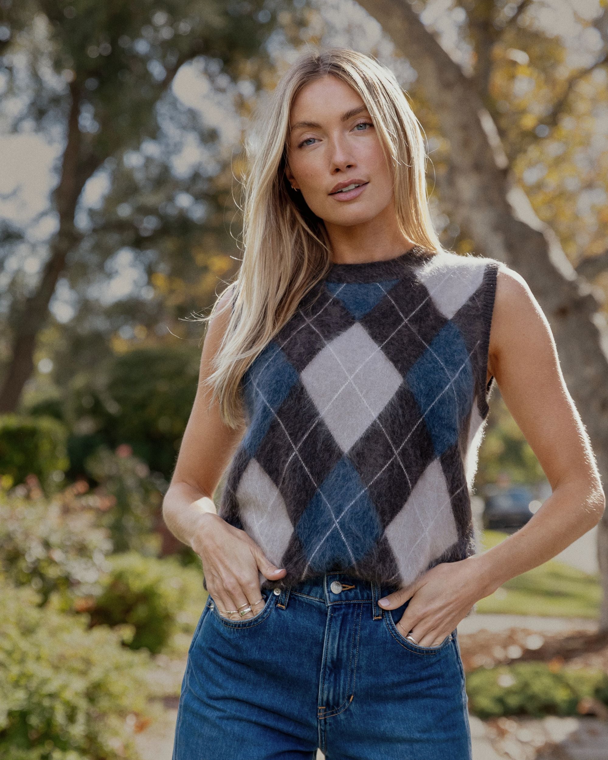 LISA YANG Yasmin Vest in Wood/Night Fall/Sand/Cream Argyle Brushed