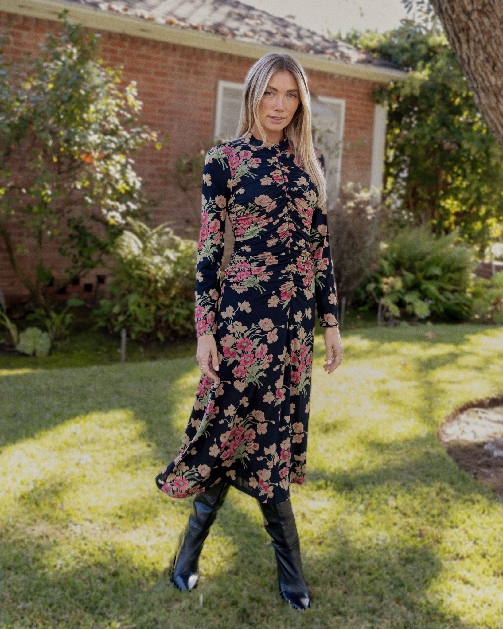 SEA Cornelia Print Long Sleeve Midi Dress in Black Capsule Shop SEA Cornelia Print Long Sleeve Midi Dress in Black Capsule Shop