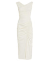 Ivory Jersey Gathered Asymmetric Midi Dress