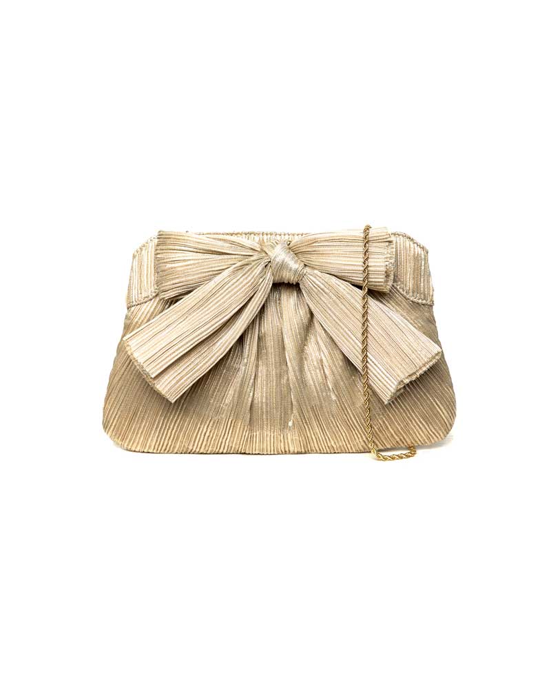 Rayne Pleated Frame Clutch with Bow in Platinum